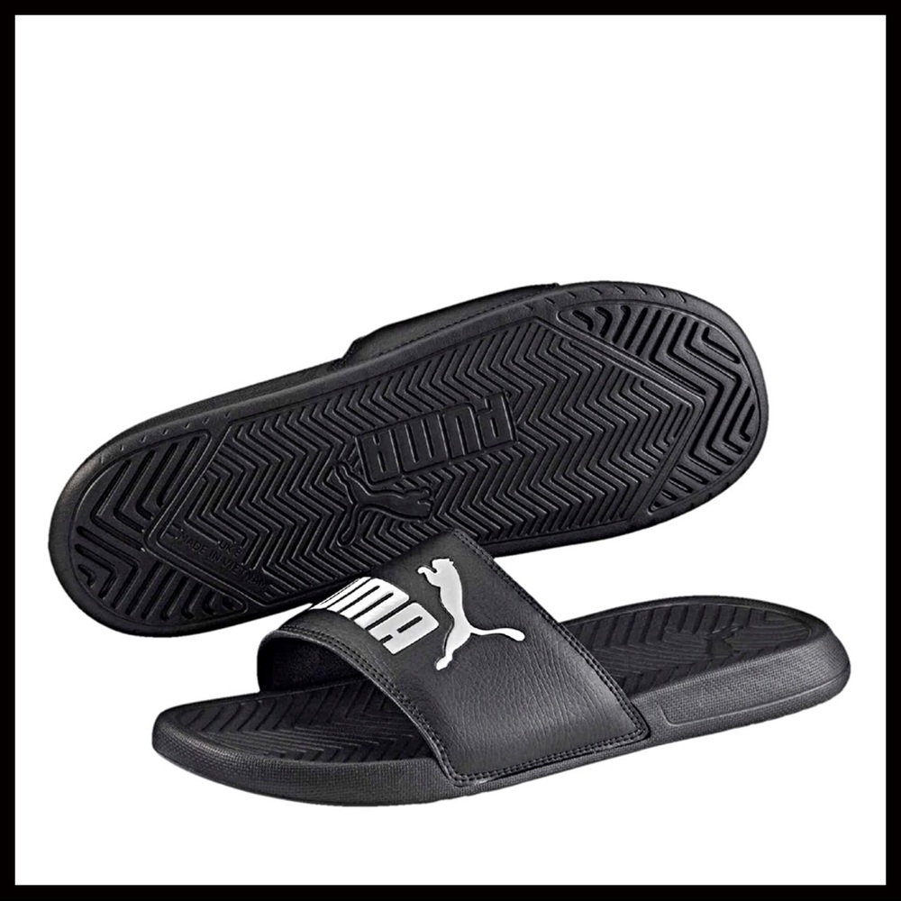 PUMA BLACK SLIDES SANDALS SLIP ONS WHITE CAT A3C - Picture 5 of 8